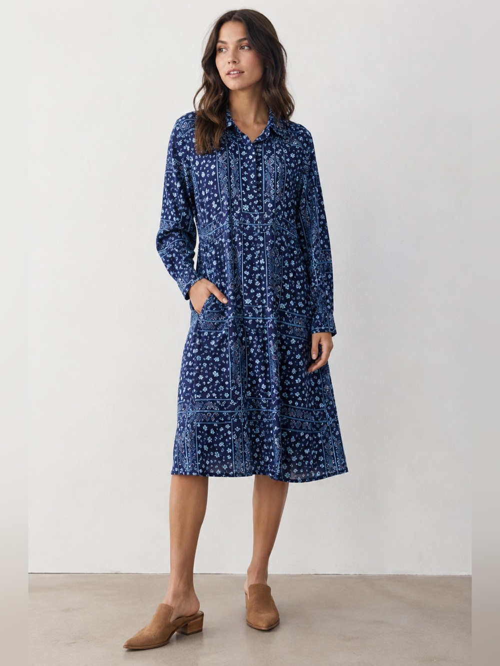 Billy T Women’s Medium Poet Windowpane Floral Print Shirt‎ Dress Blue Boho